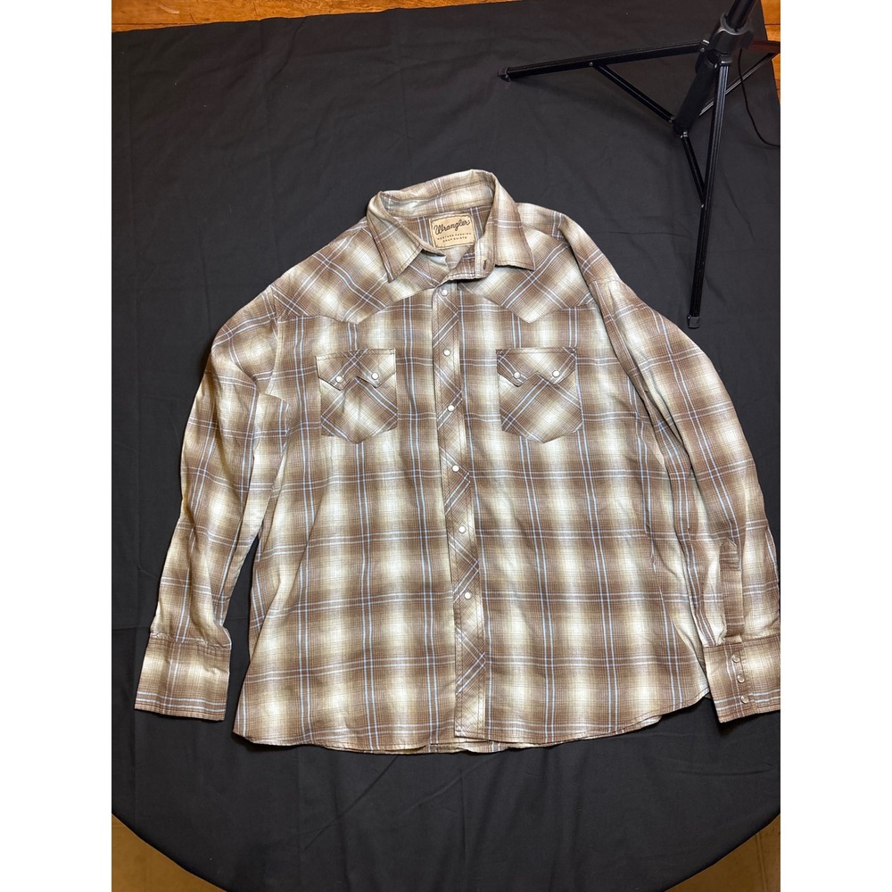 Wrangler Western Fashion Brown Plaid‎ Snap Shirt Menswear Cowboy Rancher